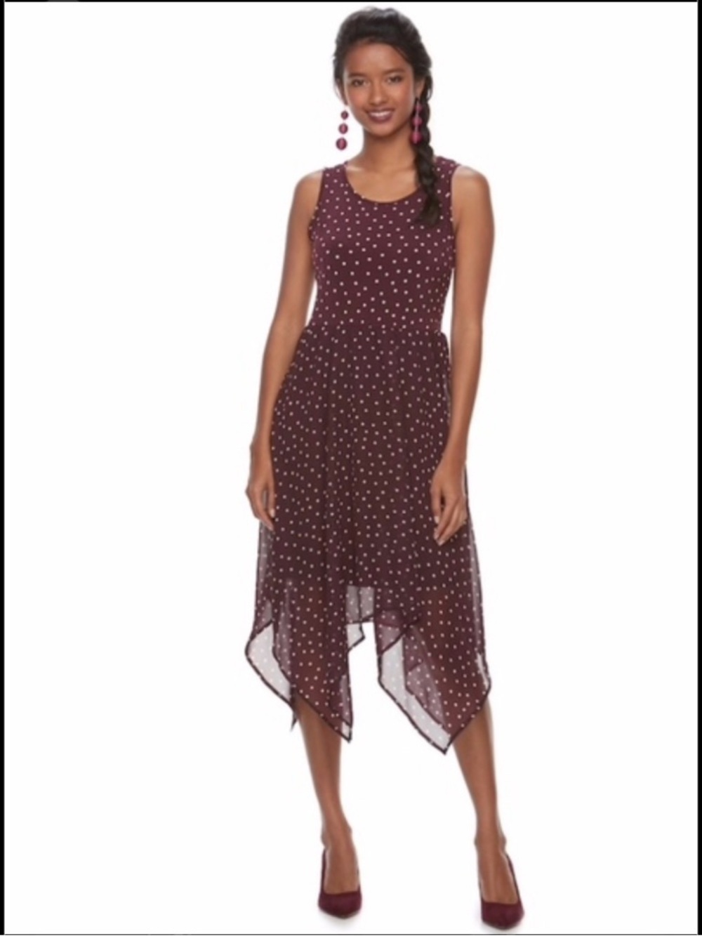 Womens Elle Maroon/Plum Polka-dot Handkerchief Dress- Bohemian, Feminine size S